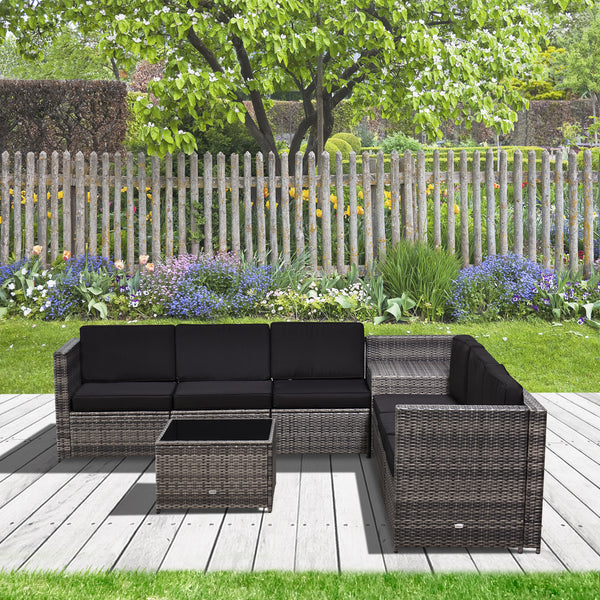 Outsunny 6 Seater Rattan Garden Furniture Patio Rattan Sofa and Table Set with Cushions 8 pcs Corner Wicker Seat Grey