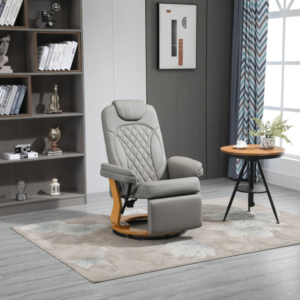HOMCOM PU Recliner Chair with Footrest, Headrest, Round Wood Base, Lounge Reading Armchair for Living Room, Bedroom, Office, Grey