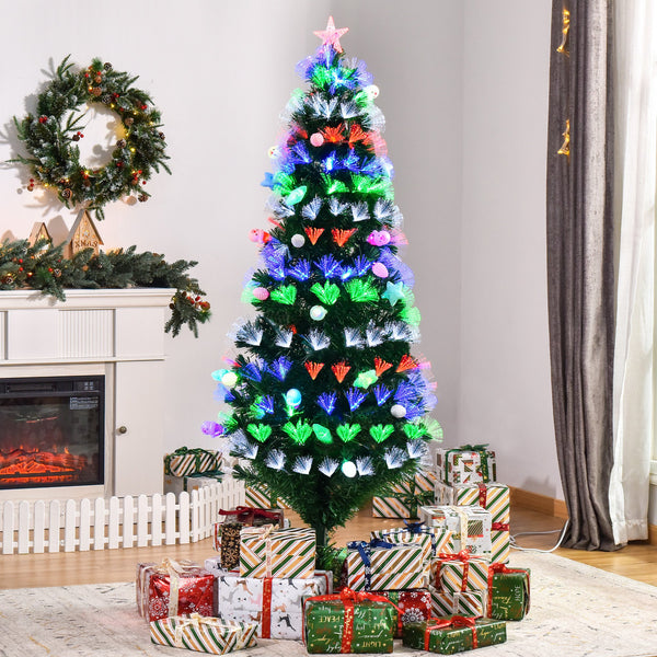 HOMCOM 6FT Pre-Lit Artificial Christmas Tree w/ Fibre Optic Baubles Fitted Star LED Light Holiday Home Xmas Decoration-Green