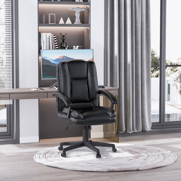 HOMCOM Swivel Executive Office Chair Mid Back Faux Leather Computer Desk Chair for Home with Double-Tier Padding, Arm, Wheels, Black