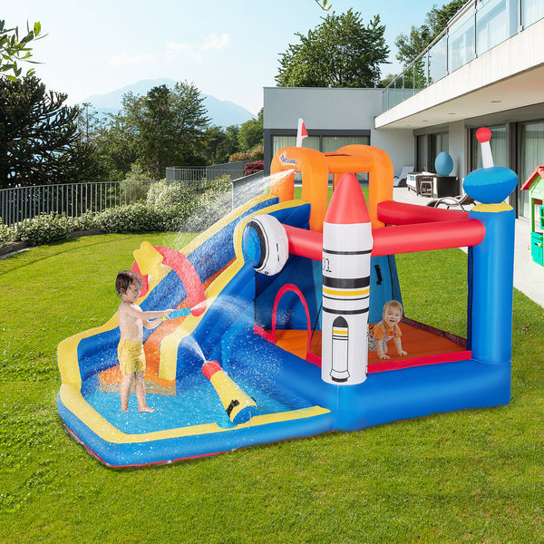 Outsunny 5 in 1 Kids Bounce Castle Large Water Space Style Inflatable House Slide Trampoline Pool Water Gun Climbing Wall for Kids Age 3-8