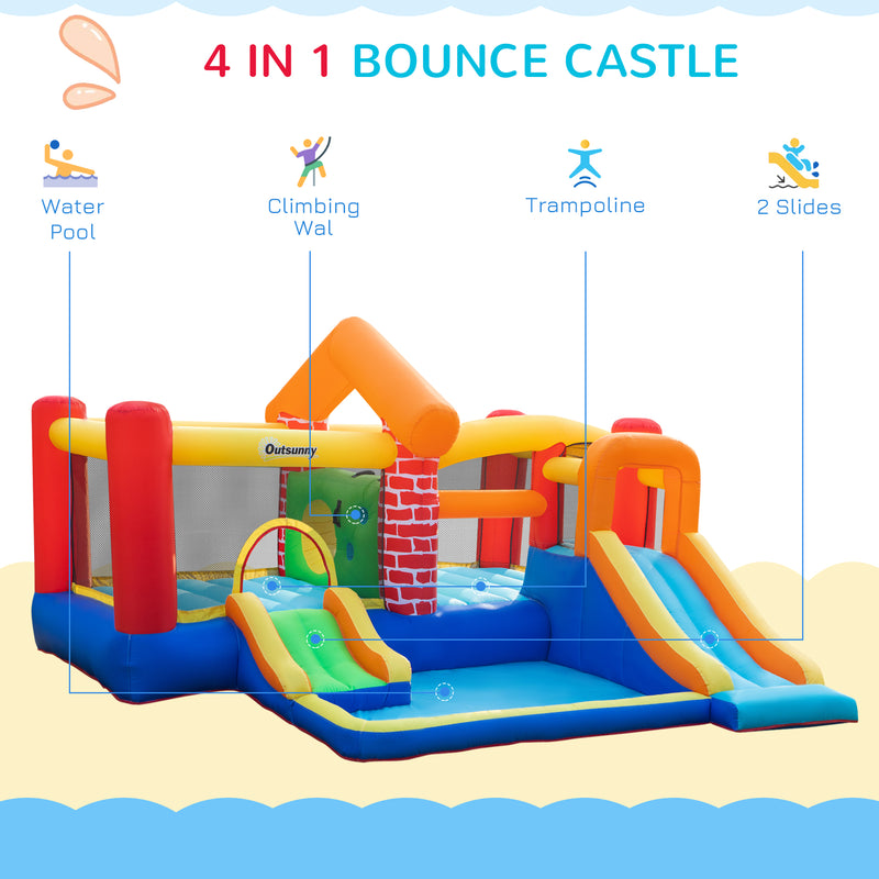 Outsunny 4 in 1 Kids Bounce Castle Extra Large Double Slides & Trampoline Design Inflatable House Pool Climbing Wall for Kids Age 3-8, 3.8x3.7x2.3m