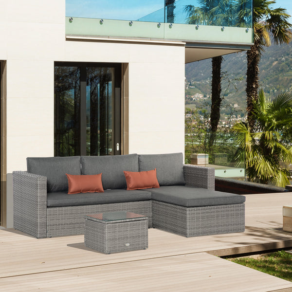 Outsunny PE Rattan Sofa Set Rattan Corner Sofa, 3 Pieces Outdoor Patio Wicker Conversation Chaise Lounge w/ Tempered Glass Table-top & Cushion Grey