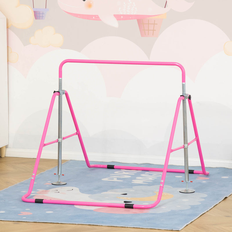 HOMCOM Gymnastics Bar for Kids, Folding Horizontal Bars with Adjustable Height, Training Bar with Triangle Base, Pink