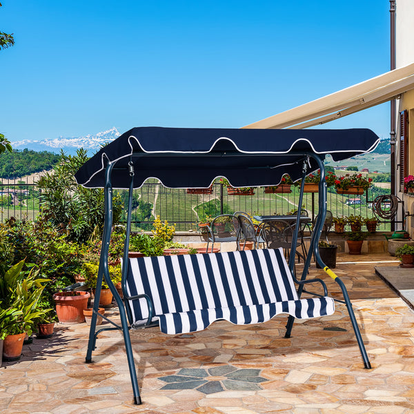 Outsunny 3 Seater Canopy Swing Chair Outdoor Garden Bench with Sun Cover Metal Frame - Blue Stripes