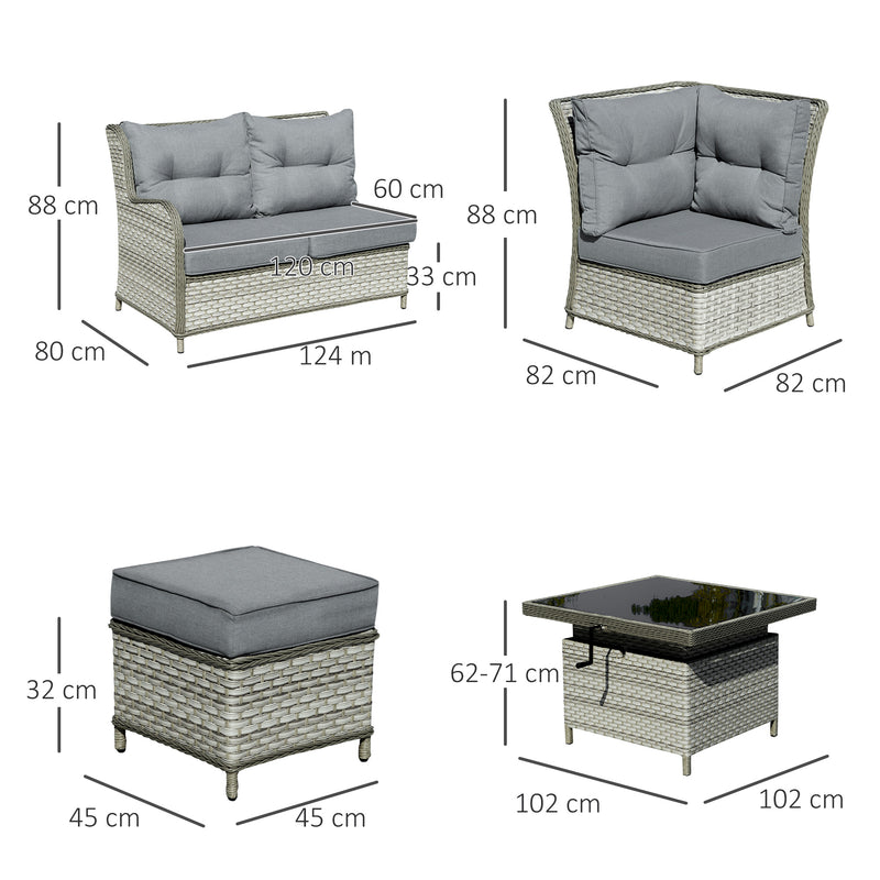 Outsunny 5-Seater Patio PE Rattan Garden Sofa Set, Wicker Sectional Conversation Aluminum Frame Furniture w/ Cushion, Grey