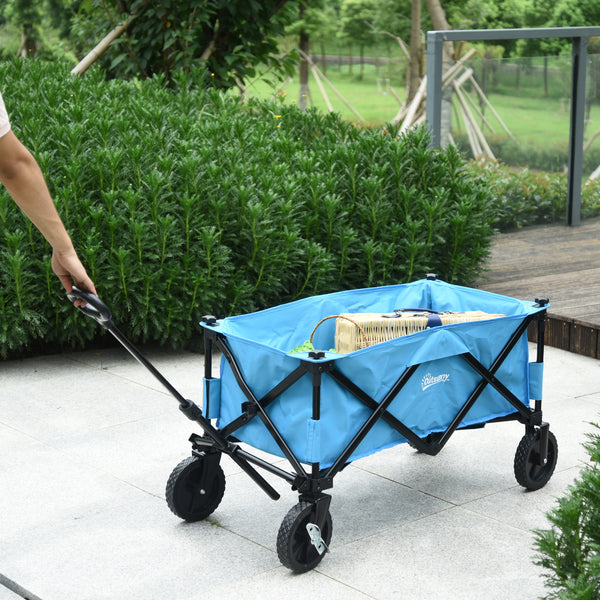 Outsunny Pull Along Cart Folding Cargo Wagon Trailer Trolley for Beach Garden Use with Telescopic Handle - Blue