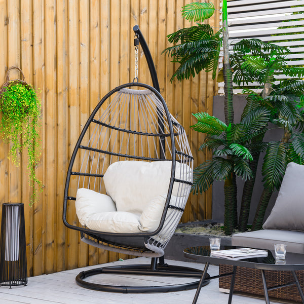Outsunny Rattan Hanging Egg Chair with Folding Design, Weave Swing Hammock with Cushion and Stand for Indoor Outdoor, Patio Garden Furniture, Black