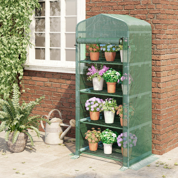 Outsunny 4 Tiers Mini Portable Greenhouse Plant Grow Shed Metal Frame PE Cover 160H x 70L x 50Wcm, Green