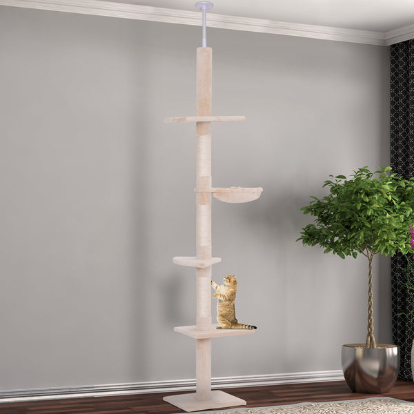 PawHut Floor to Ceiling Cat Tree 5-Tier Kitty Tower Activity Center Scratching Post 230-260cm