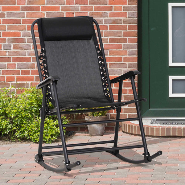 Outsunny Garden Rocking Chair Folding Outdoor Adjustable Rocker Zero-Gravity Seat with Headrest Camping Fishing Patio Deck - Black