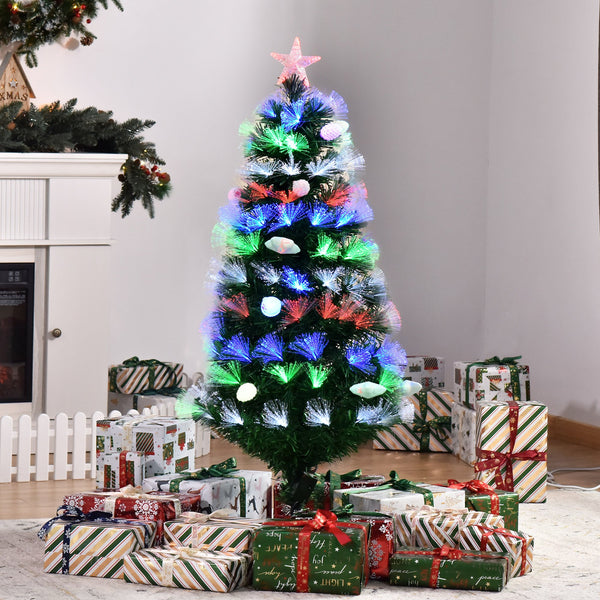 HOMCOM 4FT Pre-Lit Artificial Christmas Tree w/ Fibre Optic Baubles Fitted Star LED Light Holiday Home Xmas Decoration-Green