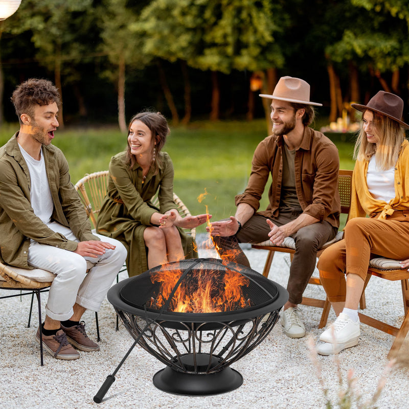 Outsunny Outdoor Fire Pit for Garden, Metal Fire Bowl Fireplace with Spark Screen, Poker, Log Grate and Rainproof Cover, Patio Heater, Bronze