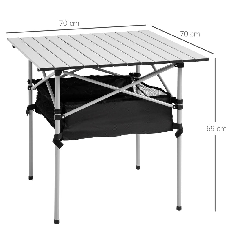 Outsunny Aluminum Roll-Top Table w/ Mesh Bag Camping Outdoor Dining Foldable w/ Steel Frame Picnic Lightweight Hiking Furniture Desk, Silver Black