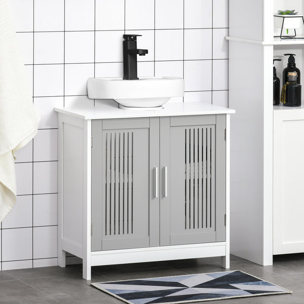 kleankin Modern Under Sink Cabinet with 2 Doors, Bathroom Vanity Unit, Pedestal Under Sink Design, Storage Cupboard with Adjustable Shelves, Grey