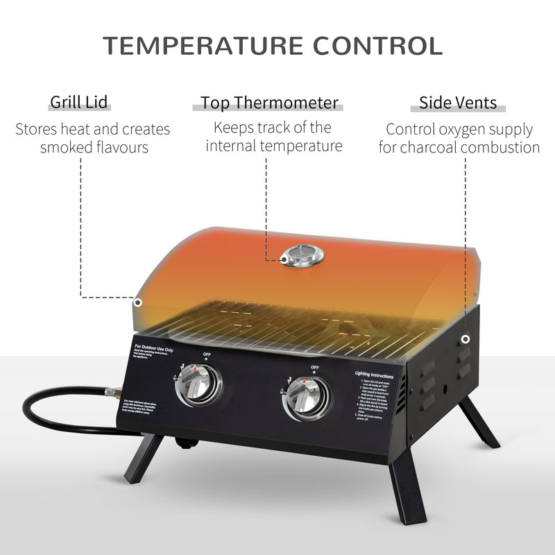 Outsunny 2 Burner Gas BBQ Grill Outdoor Portable Folding Tabletop Barbecue w/ Lid, Thermometer, Carbon Steel, Black