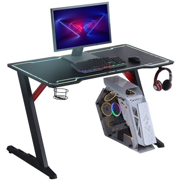 HOMCOM LED Gaming Desk, 120cm Racing Style Computer Table with Lights Cup Holder Headphone Hook Cable Management E-Sport Study Workstation â€“ Black