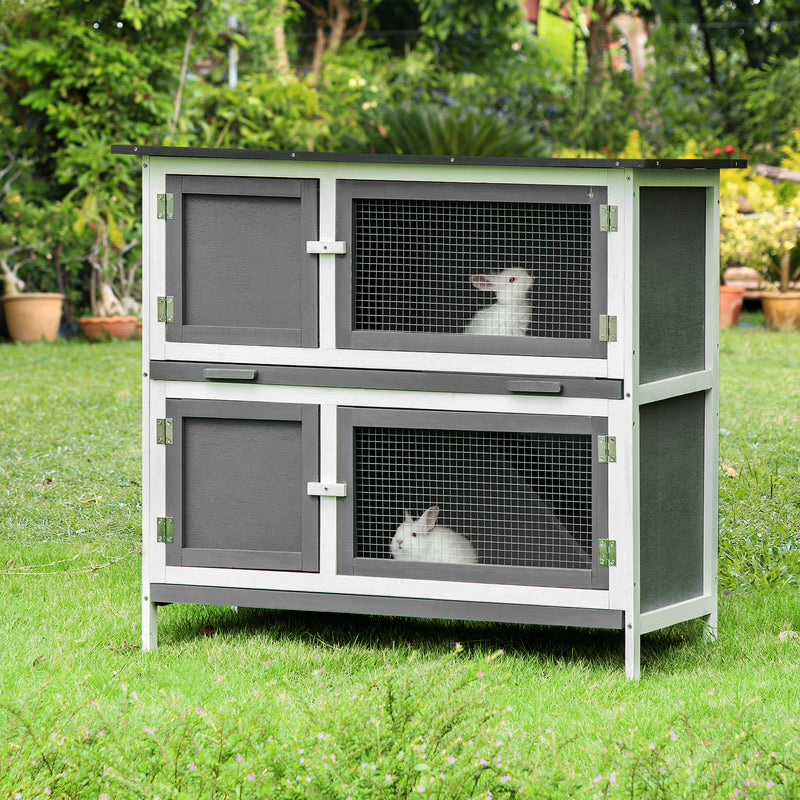 PawHut Double Decker Rabbit Hutch 2-Tier Guinea Pig House Pet Cage Outdoor with Sliding-out Tray Asphalt Roof Ramp, 100x47x91cm, Grey