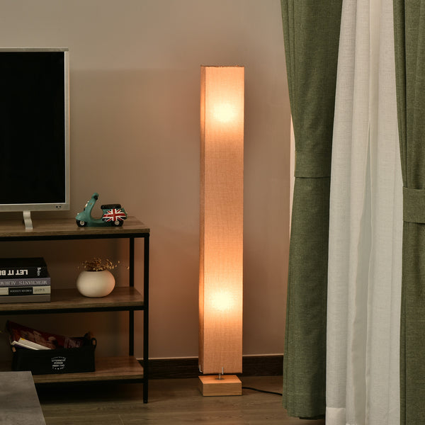 HOMCOM 120cm Tall Linen Floor Lamp w/ Wood Base Steel Frame 2 Bulbs Home Lighting Soft Atmospheric Stylish Modern Bedroom Land Cream