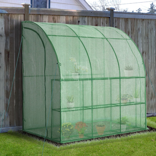 Outsunny Outdoor Walk-In Lean to Wall Tunnel Greenhouse with Zippered Roll Up Door PE Cover Green 214L x 120W x 215Hcm