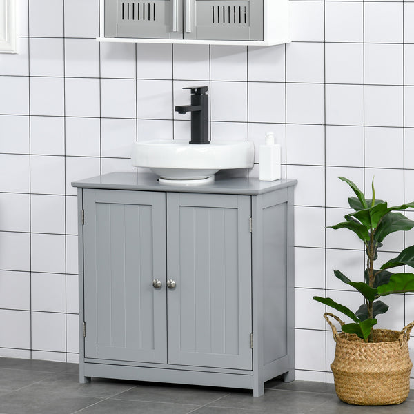 kleankin 60x60cm Under-Sink Storage Cabinet w/ Adjustable Shelf Handles Drain Hole Bathroom Cabinet Space Saver Organizer Grey