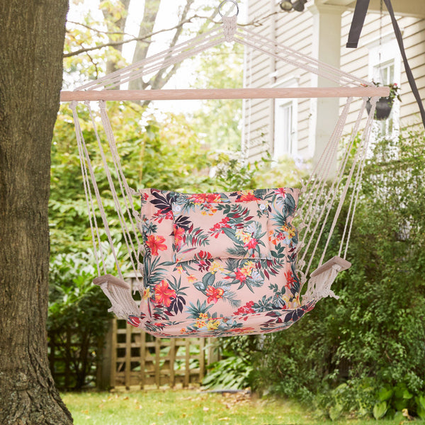 Outsunny Garden Outdoor Hanging Hammock Chair Thick Rope Frame Wooden Arms Safe Wide Seat Garden Outdoor Spot Stylish Multicoloured floral