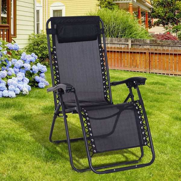Outsunny Zero Gravity Chair Metal Frame Armchair Outdoor Folding & Reclining Sun Lounger with Head Pillow for Patio Decking Gardens Camping, Black