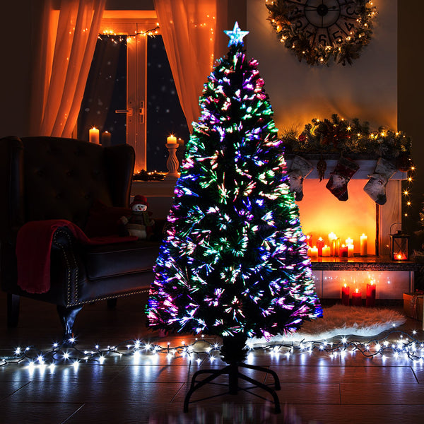 HOMCOM Pre-Lit Fibre Optic Artificial Christmas Tree Holiday Xmas DÃ©cor with Tree Topper Multi-Colour (5ft 150cm)