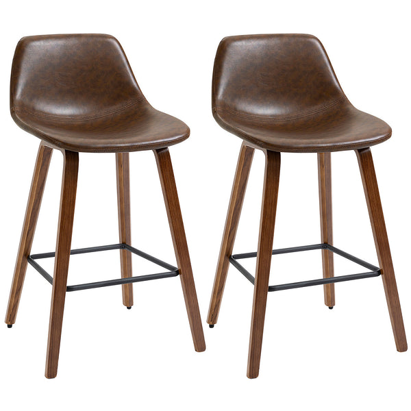 HOMCOM Bar Stools Set of 2, Breakfast Bar Chairs, Tall Kitchen Stools PU Leather with Backrests and Wood Legs, Brown
