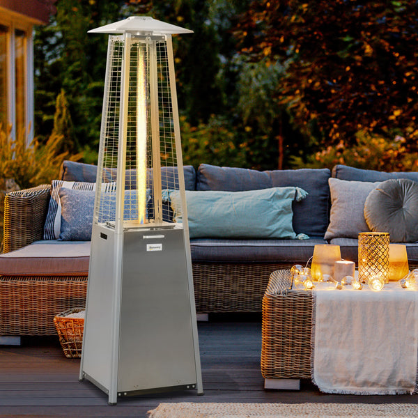 Outsunny 11.2KW Outdoor Patio Gas Heater Stainless Steel Pyramid Propane Heater Garden Freestanding Tower Heater with Wheels, Dust Cover, Silver