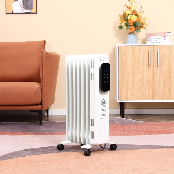 HOMCOM 1630W Oil Filled Radiator, 7 Fin, Portable Electric Heater with LED Display, 24H Timer, 3 Heat Settings, Safety Cut-Off Remote Control-White