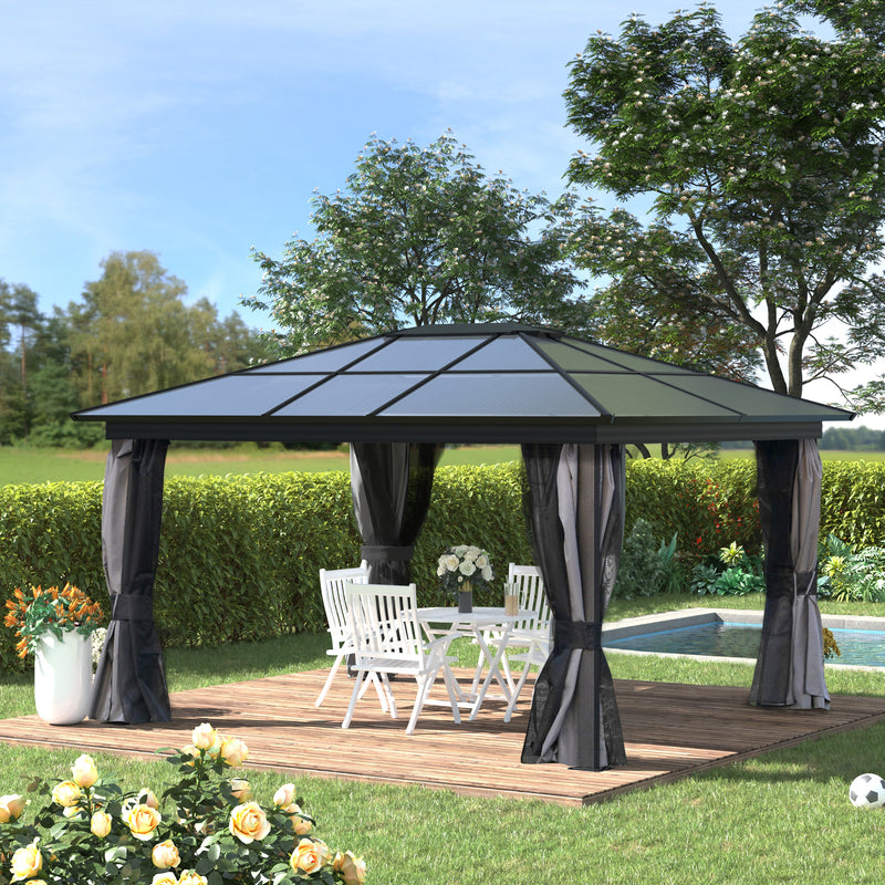 Outsunny 4 x 3.6m Hardtop Gazebo with UV Resistant Polycarbonate Roof & Aluminium Frame, Garden Pavilion with Mosquito Netting and Curtains