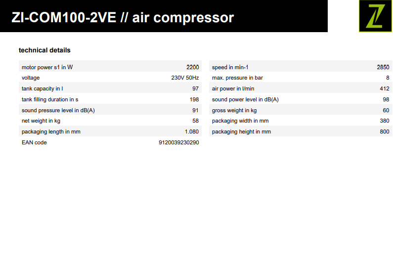Zipper COM100-2V5 100 L V Twin Air Compressor, 230 V