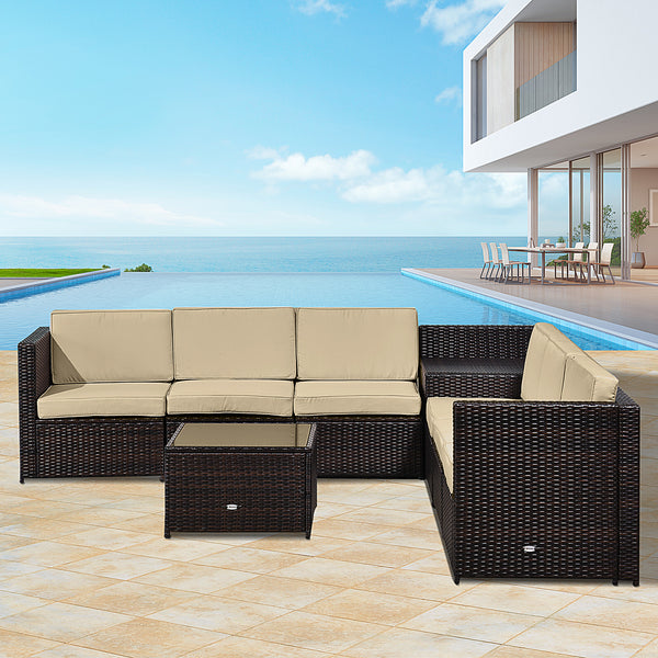Outsunny 6-Seater Garden Rattan Furniture Patio Sofa and Table Set with Cushions Garden Corner Sofa 8 pcs Corner Wicker Seat Brown