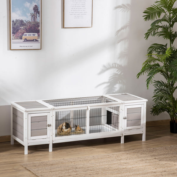 PawHut Wooden Rabbit Hutch, Guinea Pig Cage, Separable Bunny Run, Small Animal House for Indoor with Slide-out Tray, 161 x 50.5 x 53.3cm, Grey