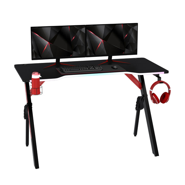 HOMCOM 1.2m Gaming Desk w/RGB Light Steel Frame | Racing Style Computer Table w/Cup Holder Headphone Cable Management - Black