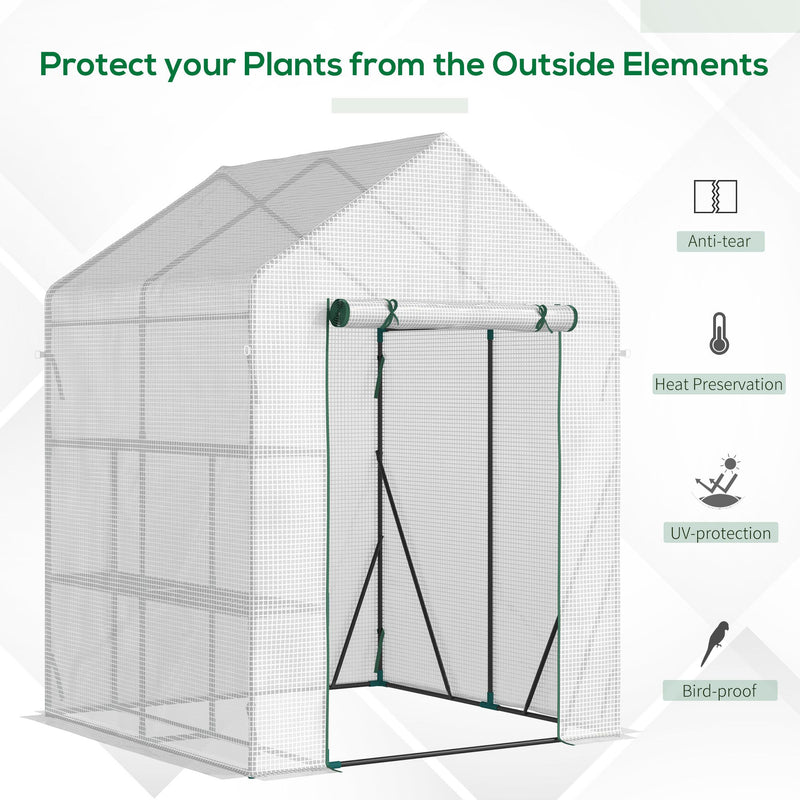 Outsunny Greenhouse for Outdoor, Portable Gardening Plant Grow House with 2 Tier Shelf, Roll-Up Zippered Door, PE Cover, 143 x 143 x 195cm, Green