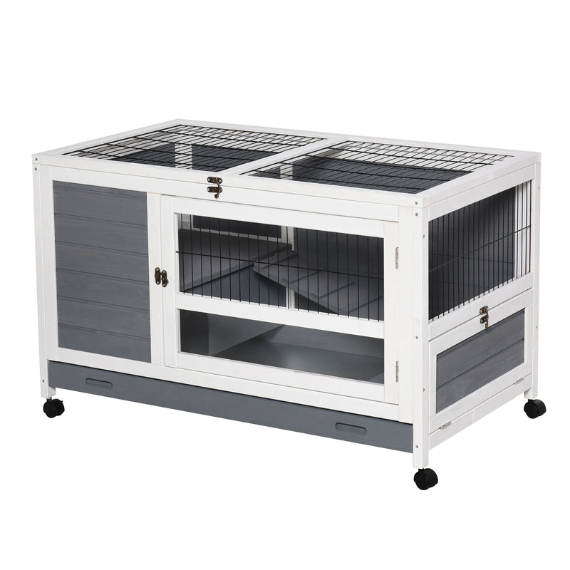 PawHut Wooden Guinea Pigs Hutches Elevated Pet Bunny House Rabbit Cage with Slide-Out Tray Indoor Grey