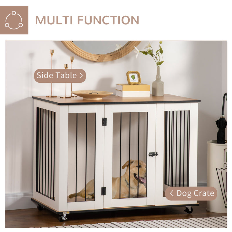 PawHut Dog Cage End Table with Five Wheels, Dog Crate Furniture for Large Sized Dogs, with Front Door Latch, Indoor Use, White