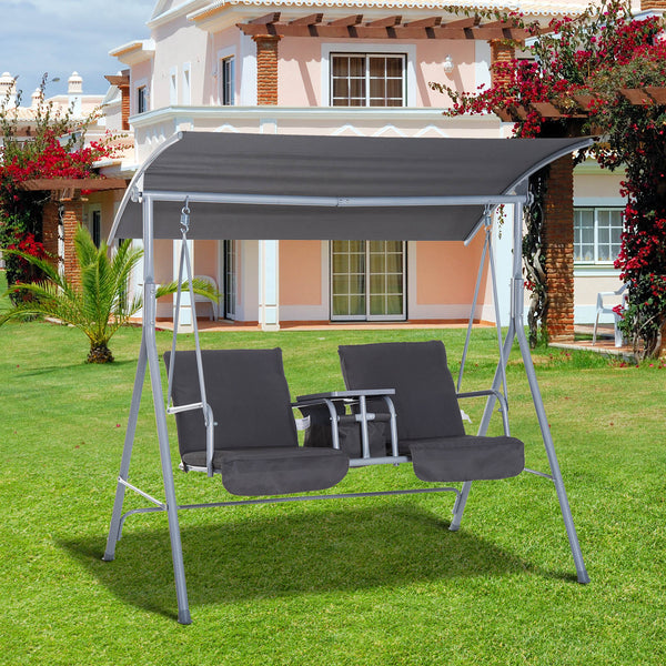 Outsunny Steel Frame 2-Seater  Swing Chair w/ Table Grey
