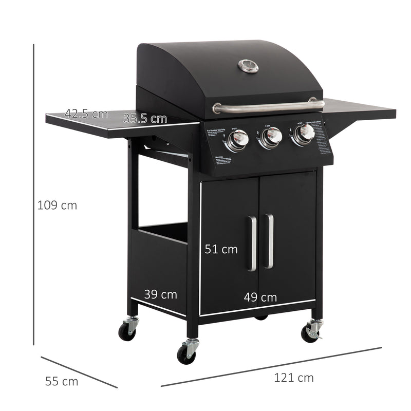 Outsunny 3 Burner Gas BBQ Grill Outdoor Portable Barbecue Trolley w/ Warming Rack, Side Shelves, Storage Cabinet, Thermometer, Carbon Steel, Black