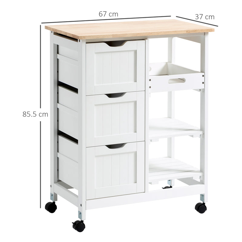 HOMCOM Rolling Kitchen Island Cart, Bar Serving Cart, Compact Trolley on Wheels with Wood Top, Shelves & Drawers for Home Dining Area, White