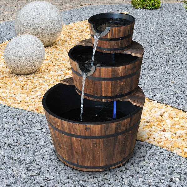 Outsunny Wooden Water Pump Fountain Cascading Feature Barrel Garden Deck (3 Tier)