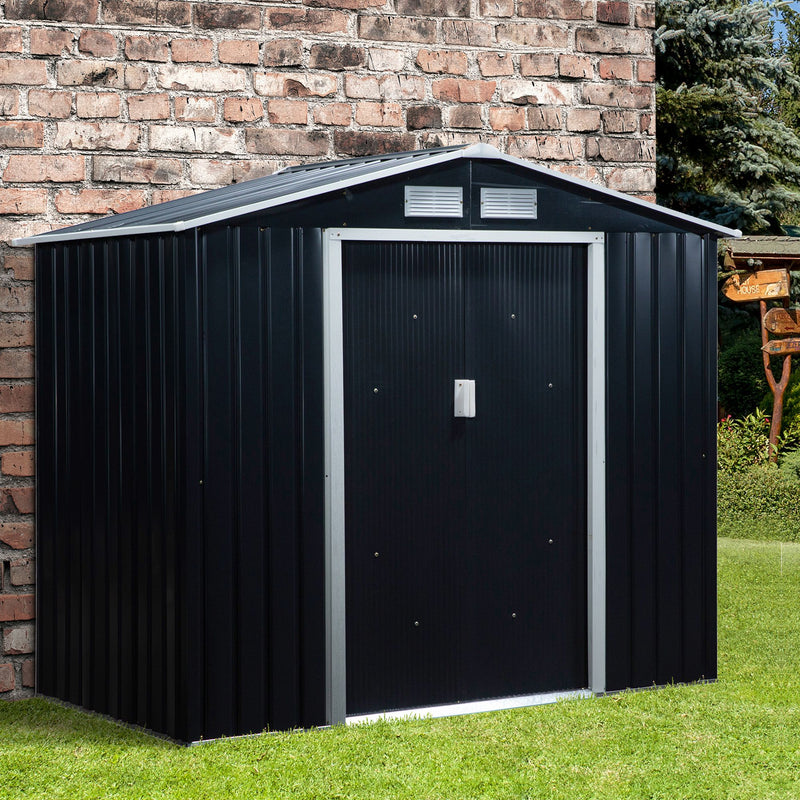 Outsunny Lockable Garden Shed Large Patio Roofed Tool Metal Storage Building Foundation Sheds Box Outdoor Furniture, 7ft x 4ft, Dark Grey
