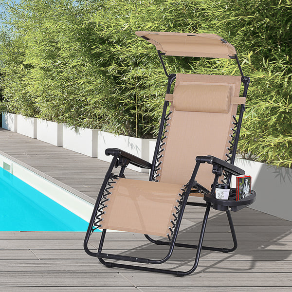 Outsunny Zero Gravity Garden Deck Folding Chair Patio Sun Lounger Reclining Seat with Cup Holder & Canopy Shade - Beige