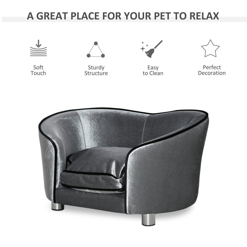 PawHut Pet Sofa Couch, Dog Bed, Cat Lounger, with Storage Pocket Removable Cushion Modern Furniture for Small Dogs, 69 x 49 x 38cm, Silver Grey