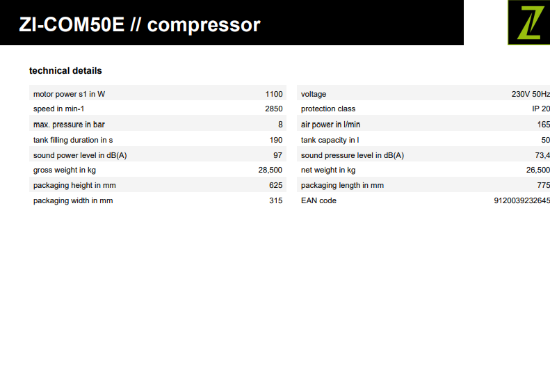 Zipper COM50E 50L Air Compressor 230 V