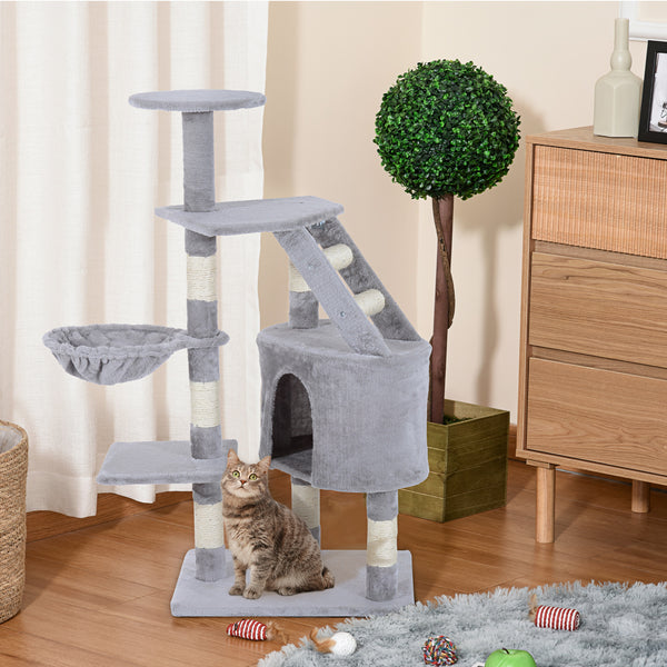 PawHut Cat Tree Kitten Scratching Post Scratch Scratcher Climb Activity Center Play House Pet Furniture 125cm (Grey)