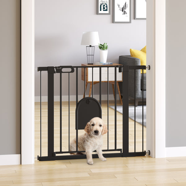 PawHut 75-103 cm Extra Wide Pet Safety Gate Barrier, Stair Pressure Fit, w/ Small Door, Auto Close, Double Locking, for Doorways, Hallways, Black
