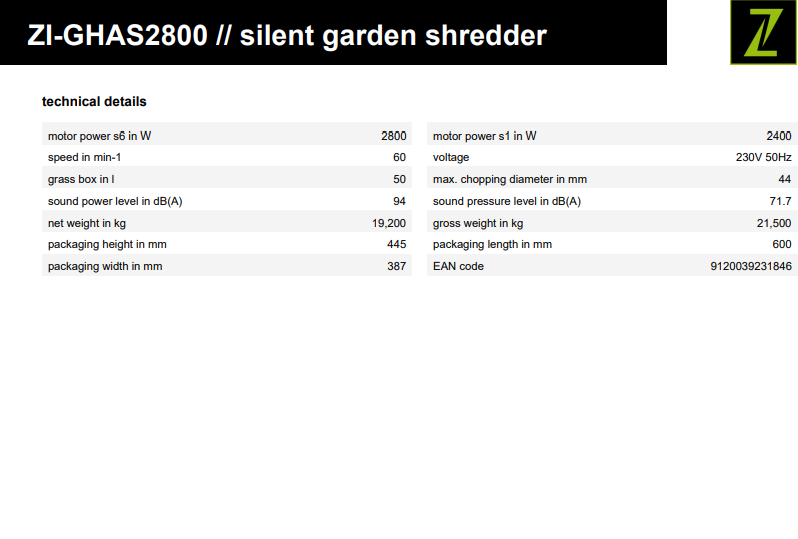 Zipper GHAS2800 Silent Garden Shredder, 230 V